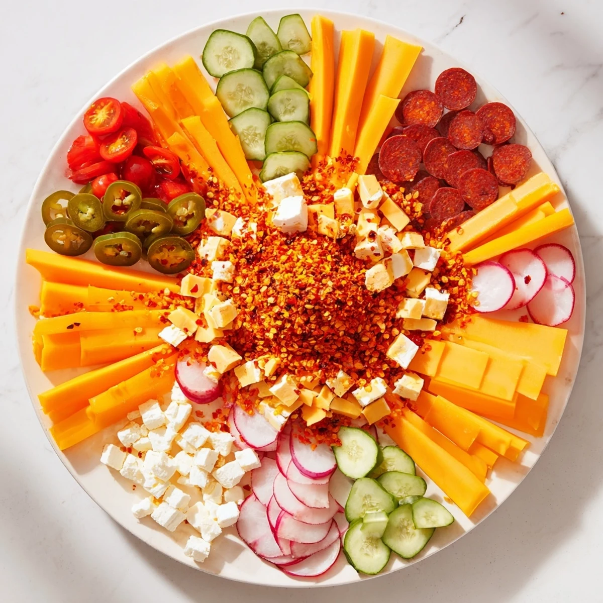 A close-up view of the spicy hot take platter with a bright chili pepper central display, ideal to share.