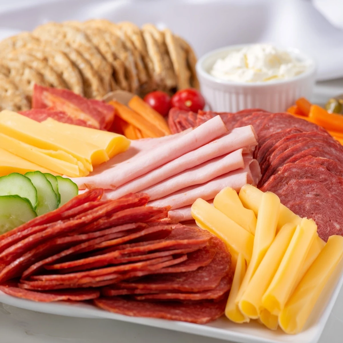 A vibrant budget-friendly family spread platter overflowing with meats, cheeses, crisp veggies, and crackers.
