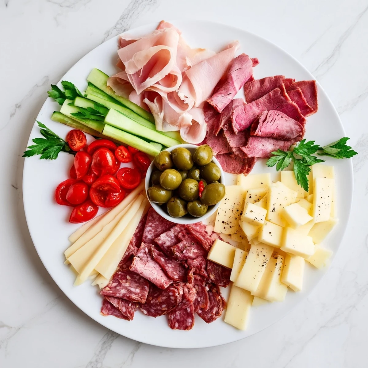 Vibrant, tempting Keto Power Plate boasts an array of meats, cheeses and colorful, fresh vegetables.