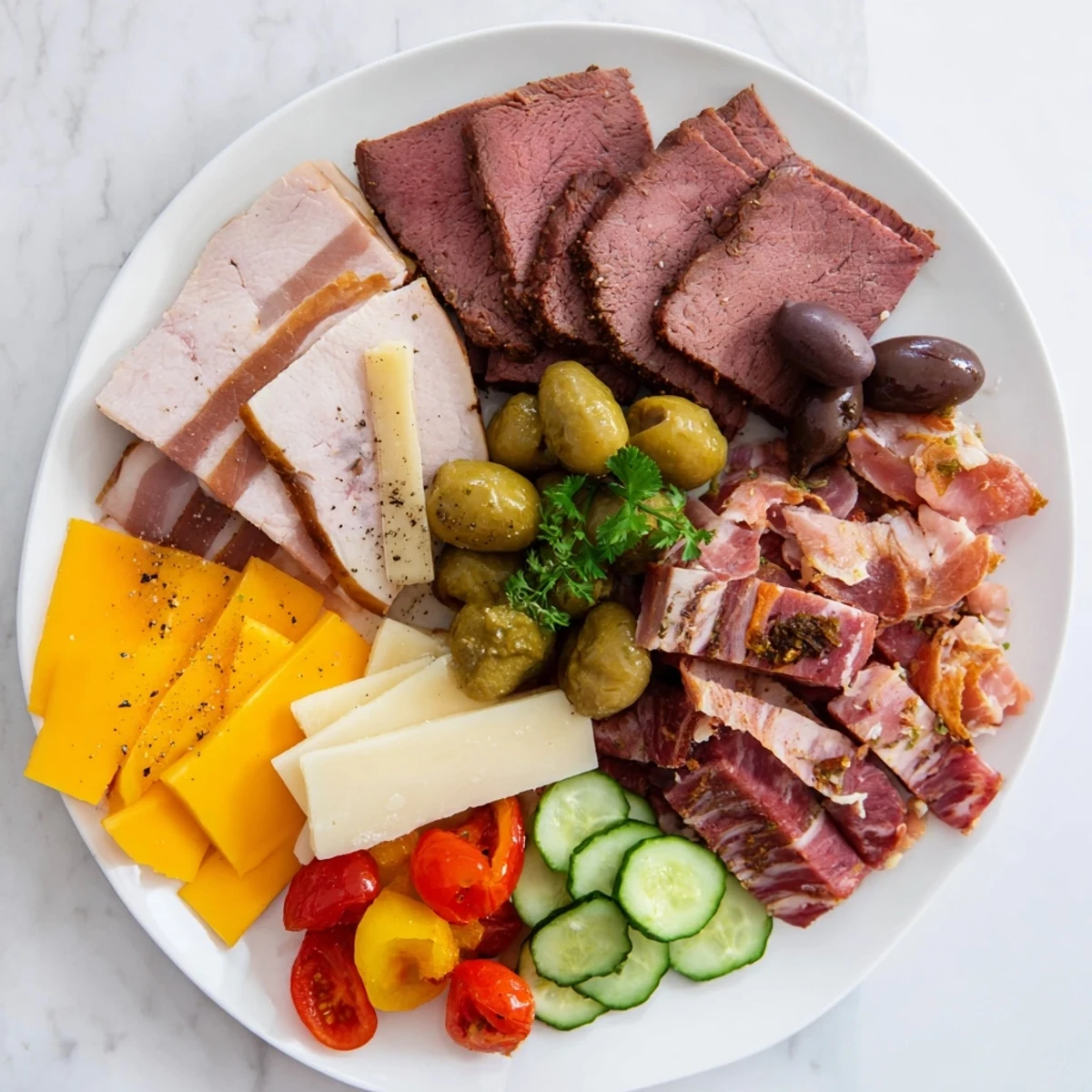 A beautifully arranged Keto Power Plate displays sliced meats, cheeses, and crisp vegetable accompaniments for a keto diet.