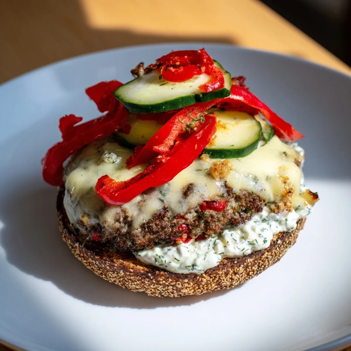 Mouthwatering image of a stacked Fire & Ice Burger, with spicy peppers, melting cheese, ready to enjoy.