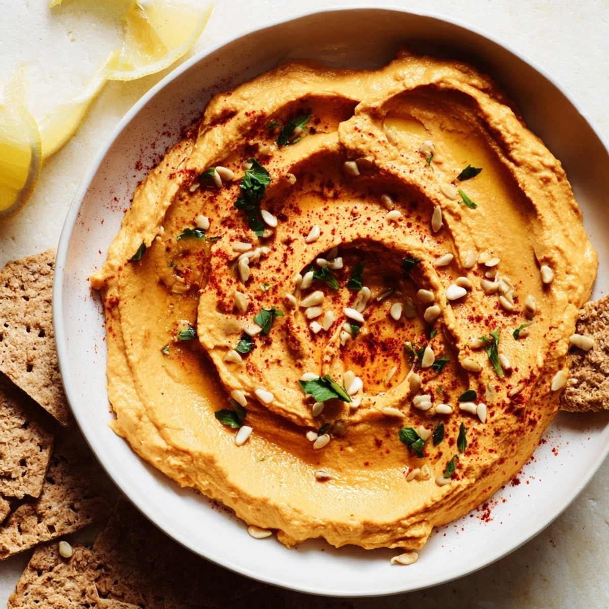 The Sandstone Canyon appetizer: creamy hummus layers with crispy crackers, a delightful Mediterranean snack.
