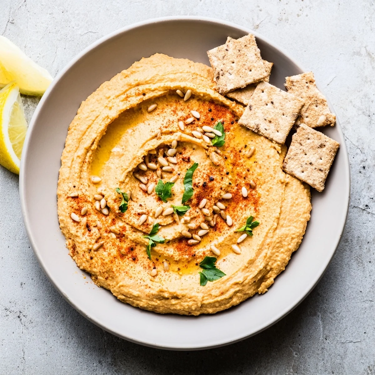 This beautiful Sandstone Canyon appetizer features a textured landscape of hummus and cracker "canyon walls."