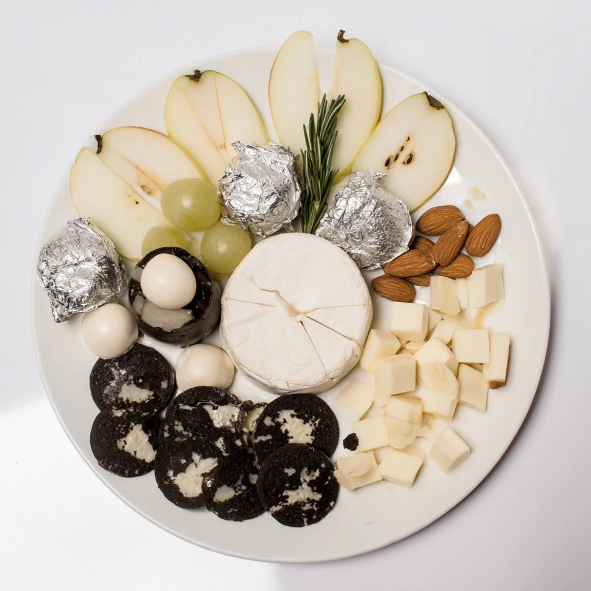 Elegant The Silver Screen cheese board features creamy truffle cheeses and shimmering silver chocolates.