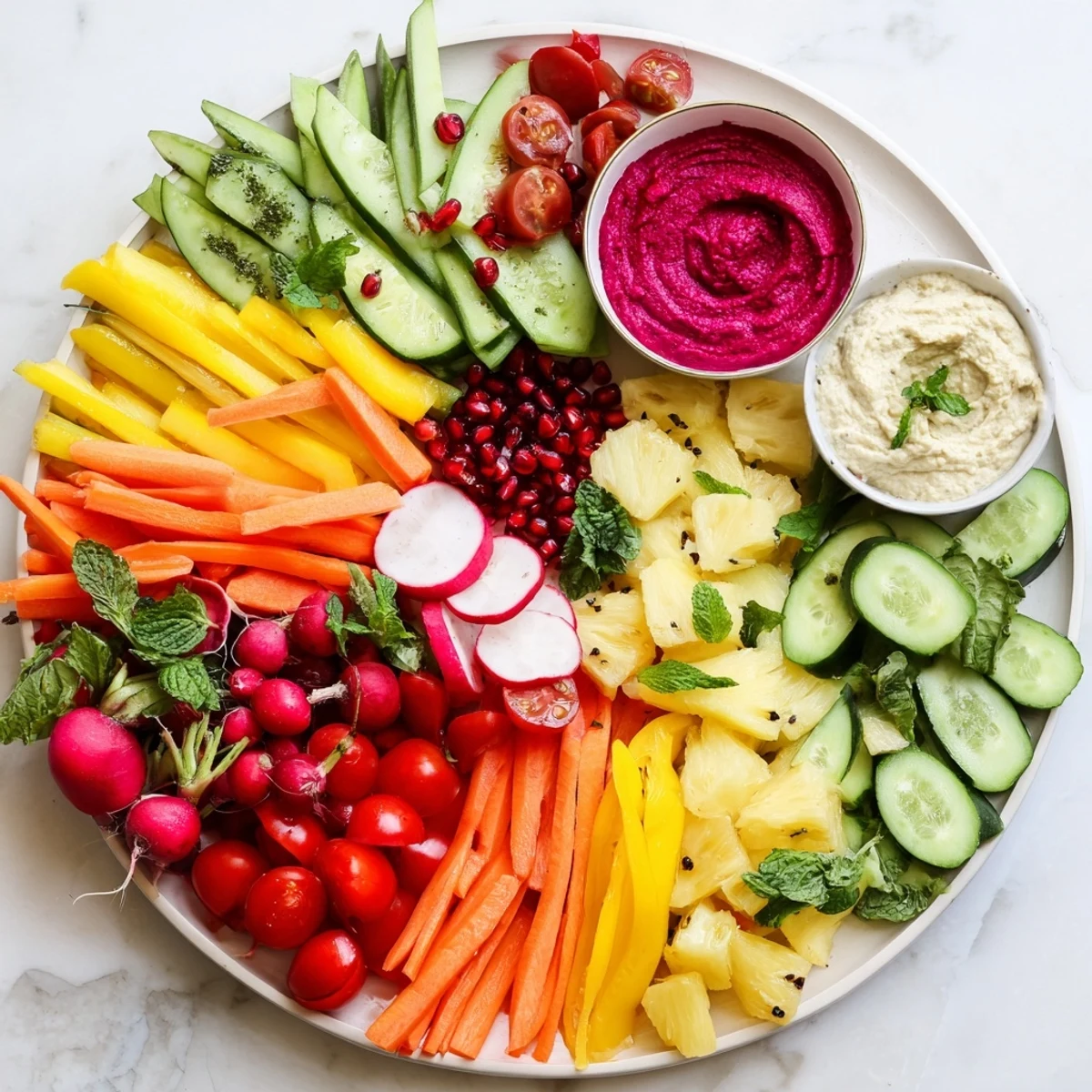 Vibrant Vegan Global Gardener Platter with colorful vegetables, fruits, and creamy dips, ready to serve and enjoy.