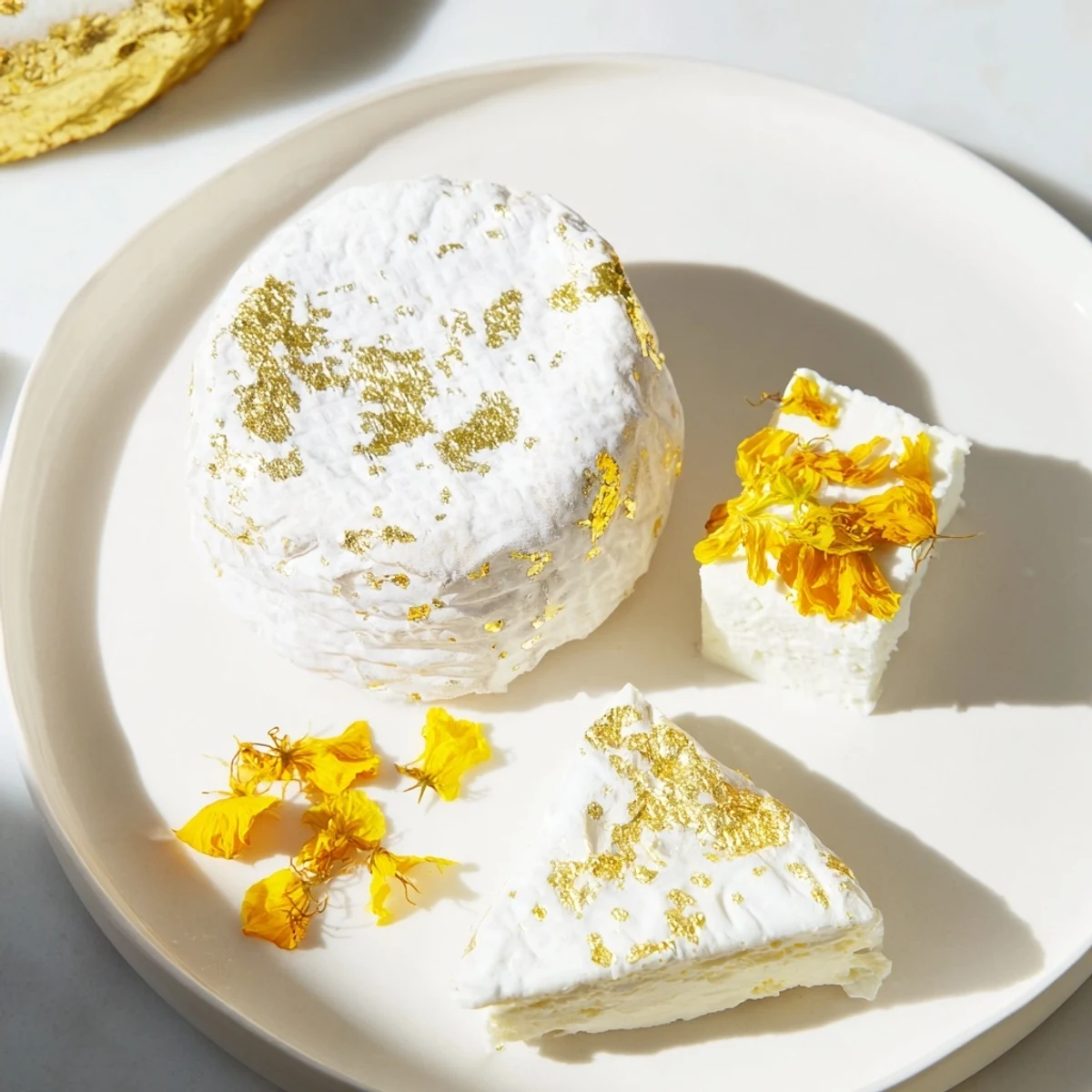 A close-up view of the The Gilded Lily, featuring creamy cheeses and golden accents.