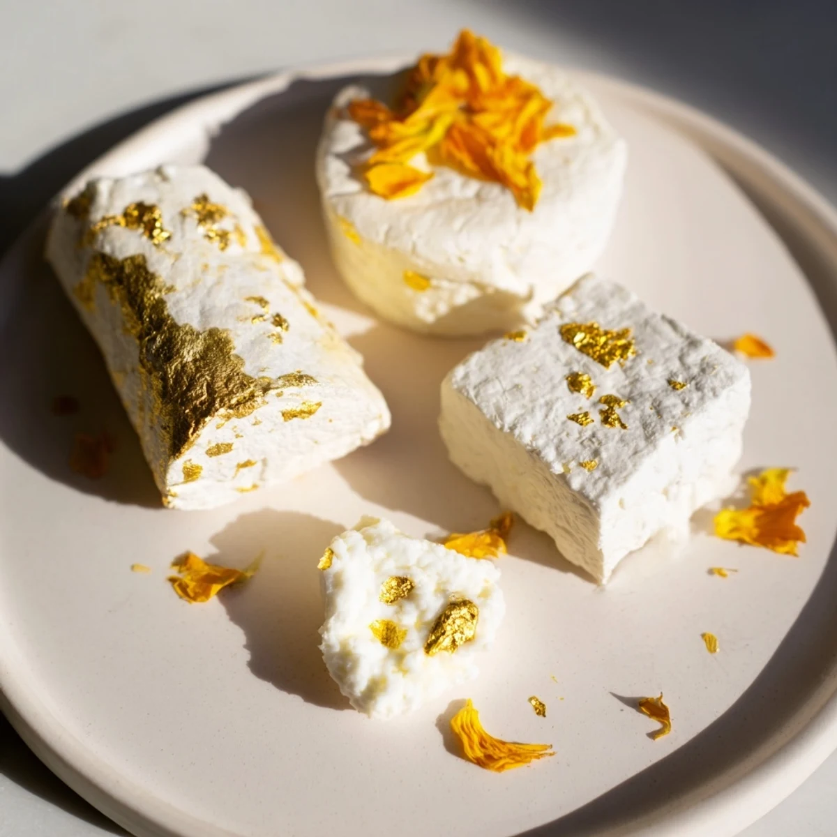 The Gilded Lily cheese platter, richly adorned with edible gold leaf and bright flower petals.
