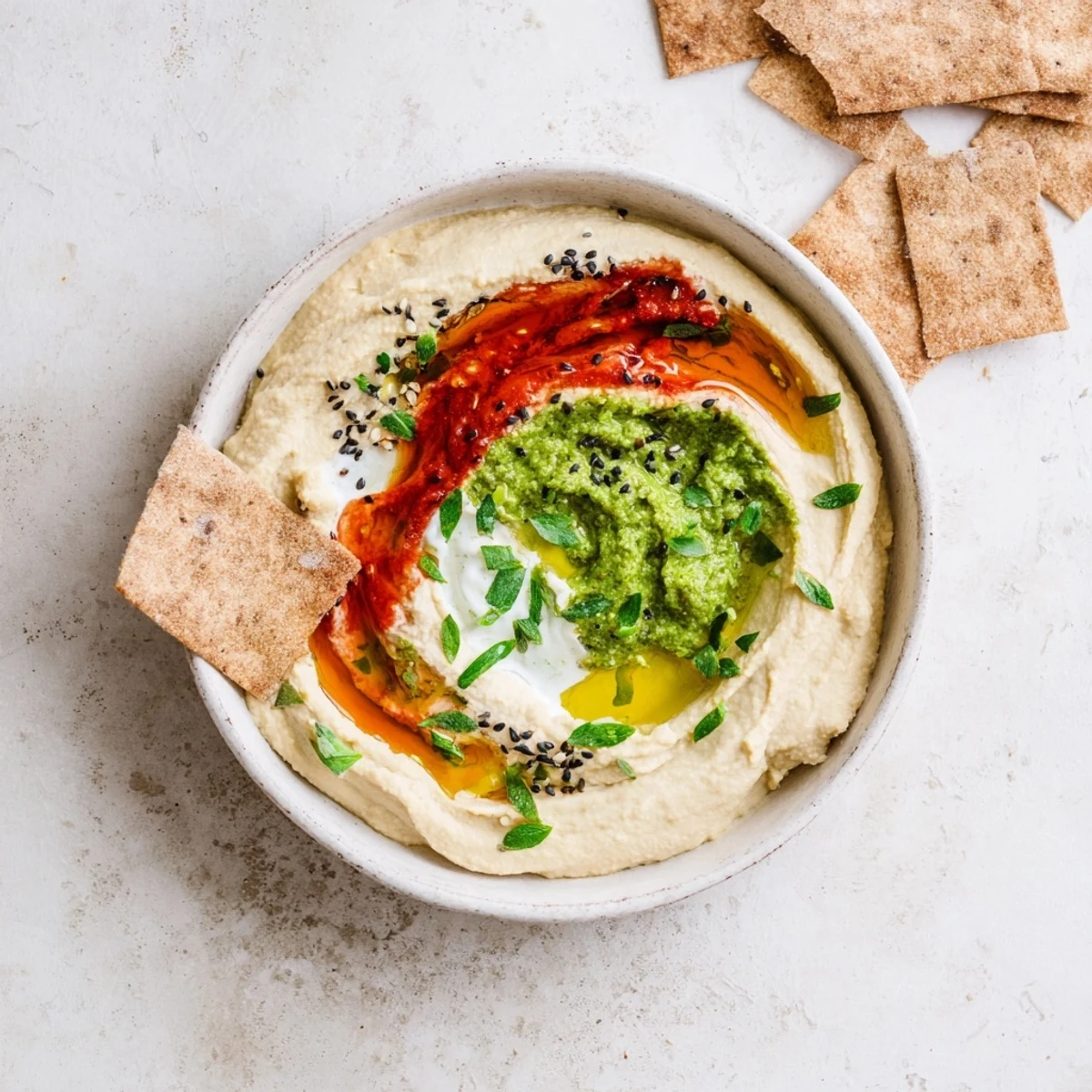 The Marble Swirl appetizer boasts vivid colors, textures, served with an assortment of crackers.