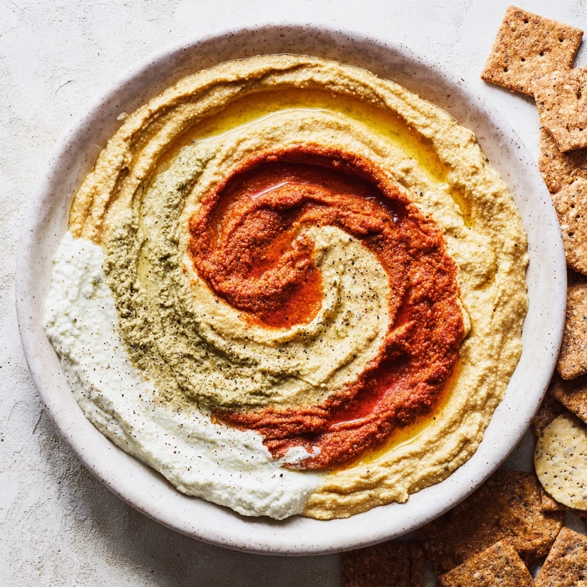 A platter of The Marble Swirl, featuring a beautiful swirl of colorful dips and crispy crackers.
