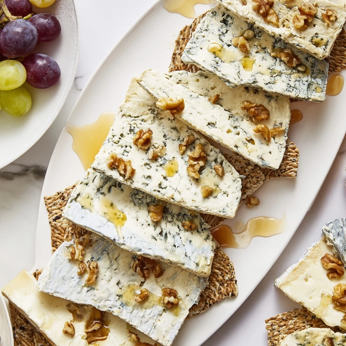 A Blue Ridge Mountains cheese platter: blue cheeses mimicking peaks with honey drizzle and grapes.