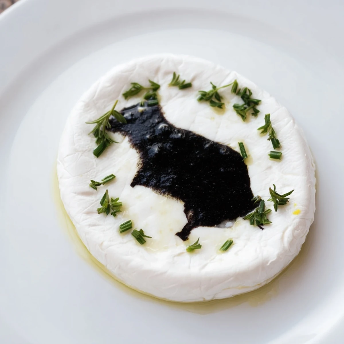 Creamy oval of cheese artfully topped with black olive tapenade, a refined Victorian Cameo appetizer.