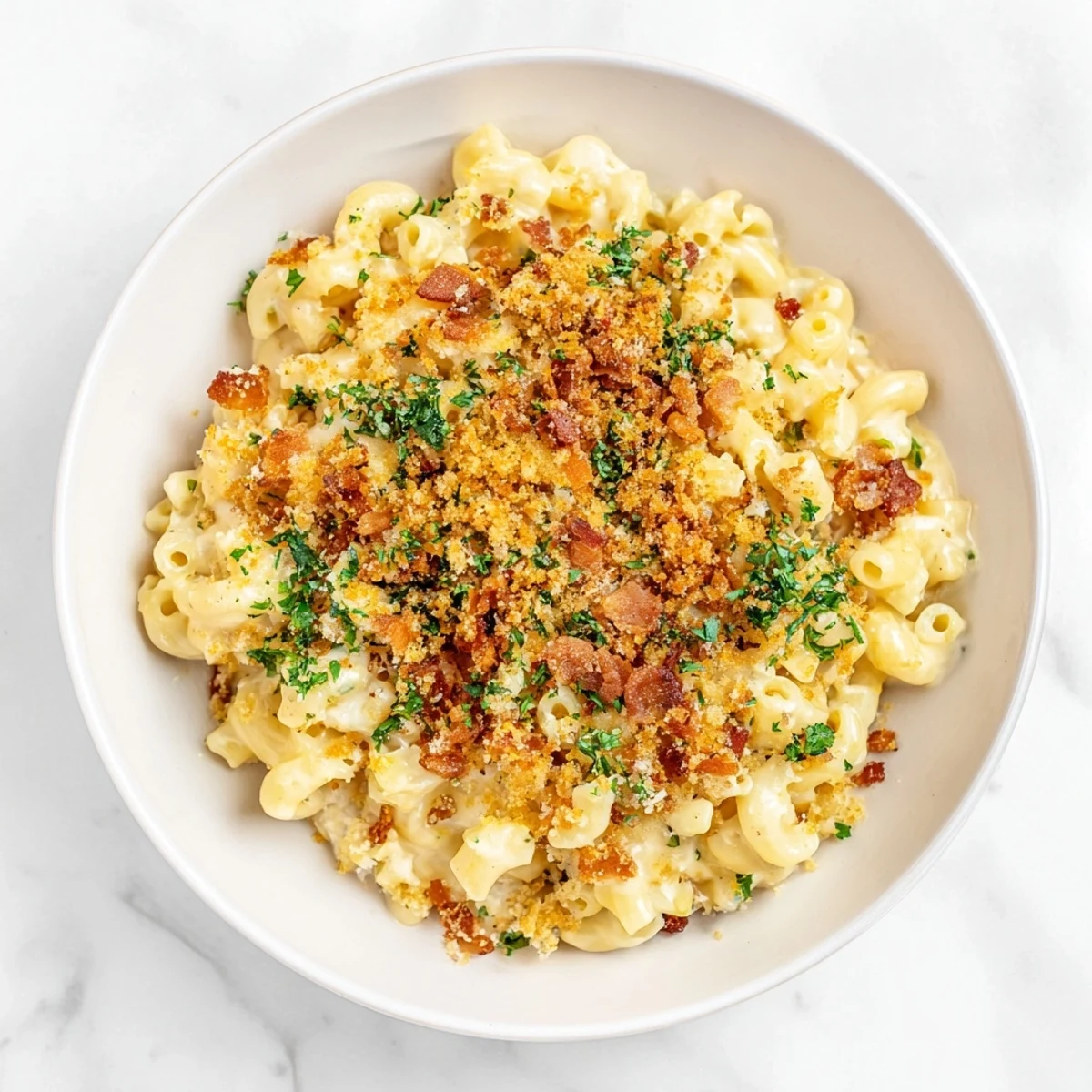 A close-up of Tinis Mac and Cheese shows bubbly golden goodness with a crispy bacon topping.
