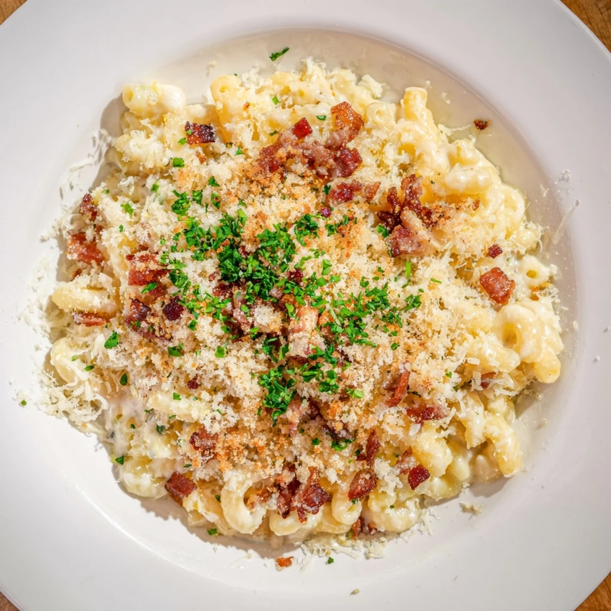 This photo features a baked pan of Tinis Mac and Cheese, ready to serve and enjoy with crispy bacon.