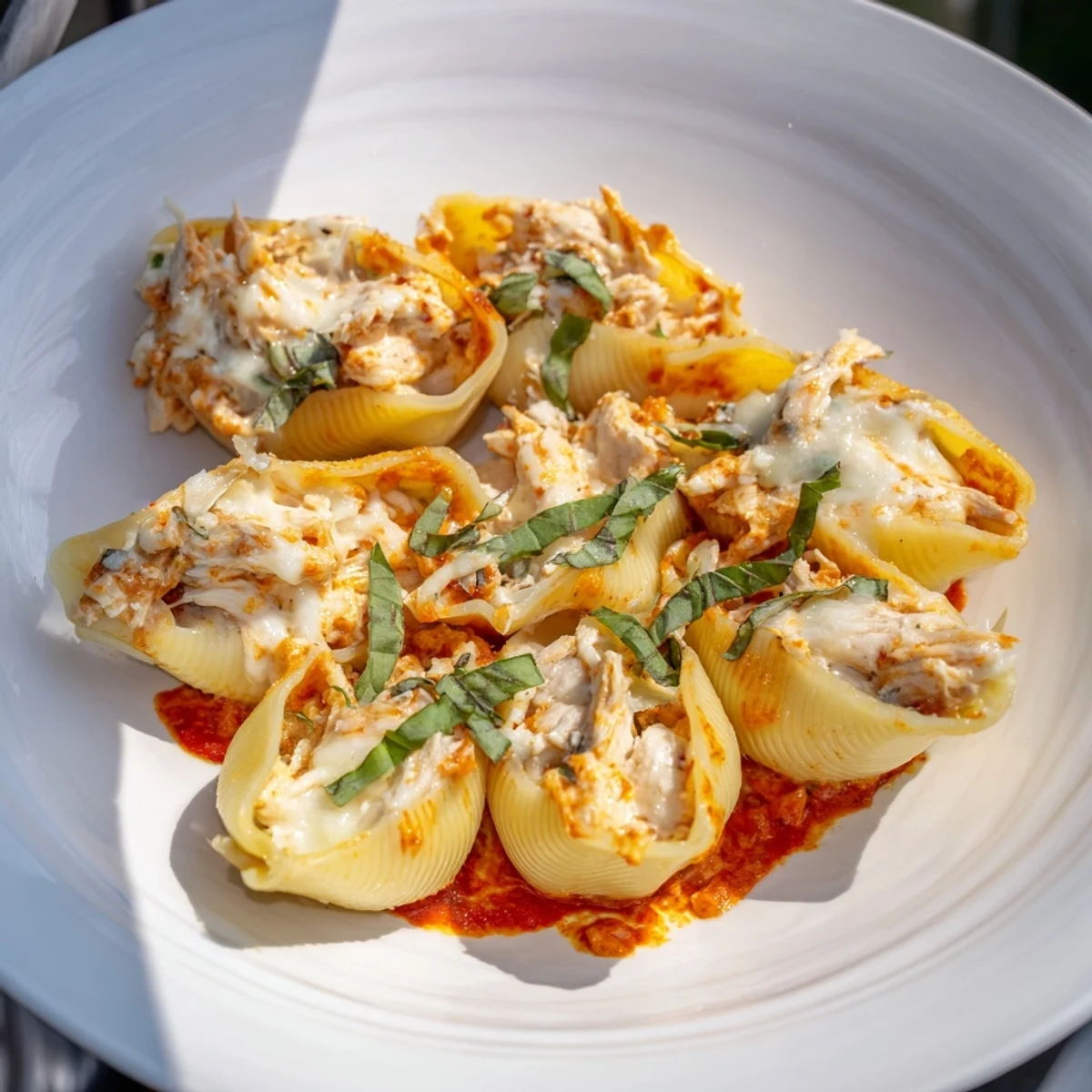 Golden brown, bubbly Marry Me Chicken Stuffed Shells with a rich sun-dried tomato and Parmesan sauce.