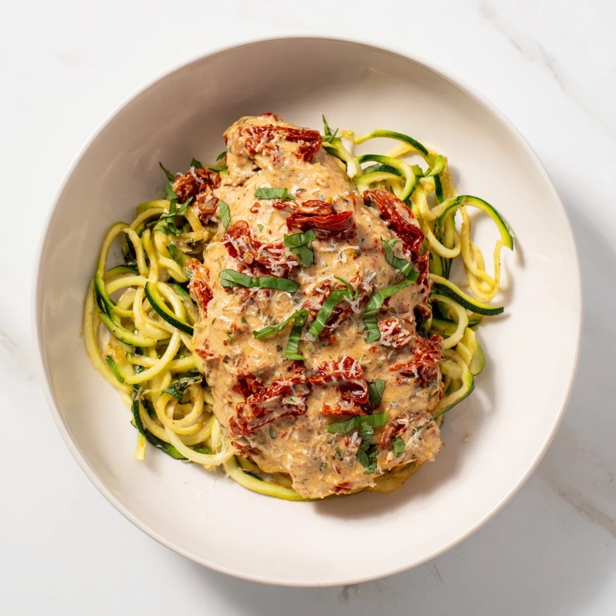 Marry Me Chicken Zoodles: Tender chicken with creamy tomato sauce over fresh, vibrant zucchini noodles.