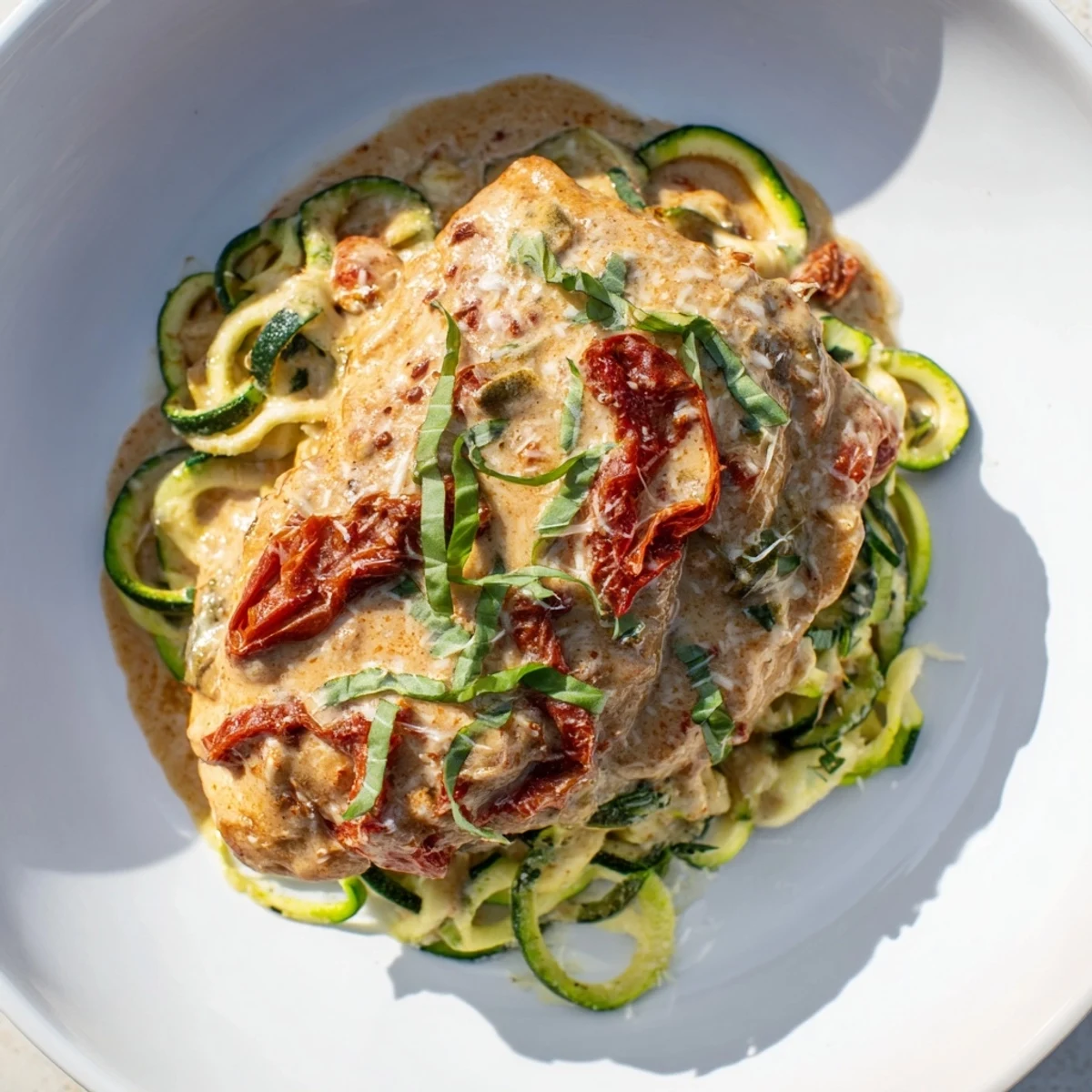 Creamy, flavorful Marry Me Chicken Zoodles: A low-carb delight with basil and parmesan cheese.