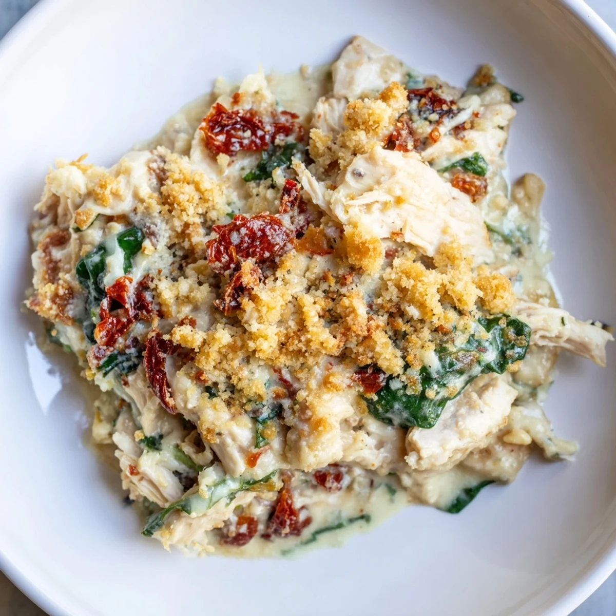 Marry Me Chicken Casserole bubbling golden in a casserole dish, topped with buttery Ritz cracker crumbs.