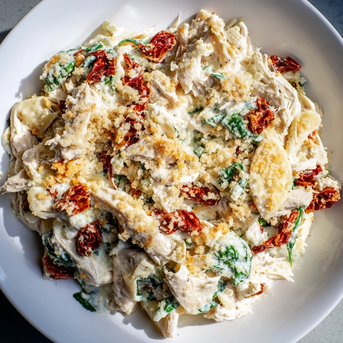 A warm plate of Marry Me Chicken Casserole showcases bubbly cheese and flavorful, savory ingredients.