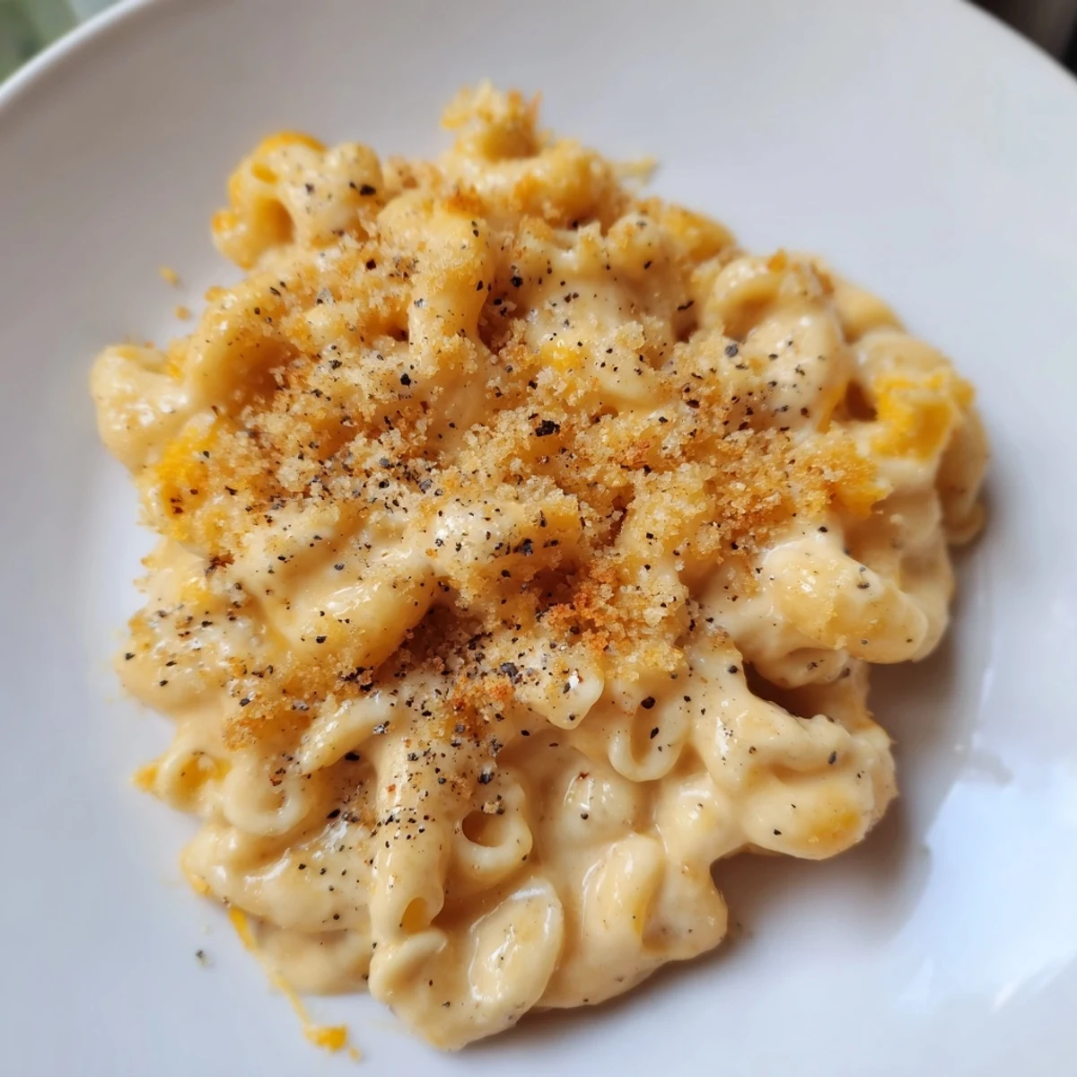 Golden brown crust on a baking dish filled with bubbling Tinis Recession Mac, a budget-friendly comfort food.