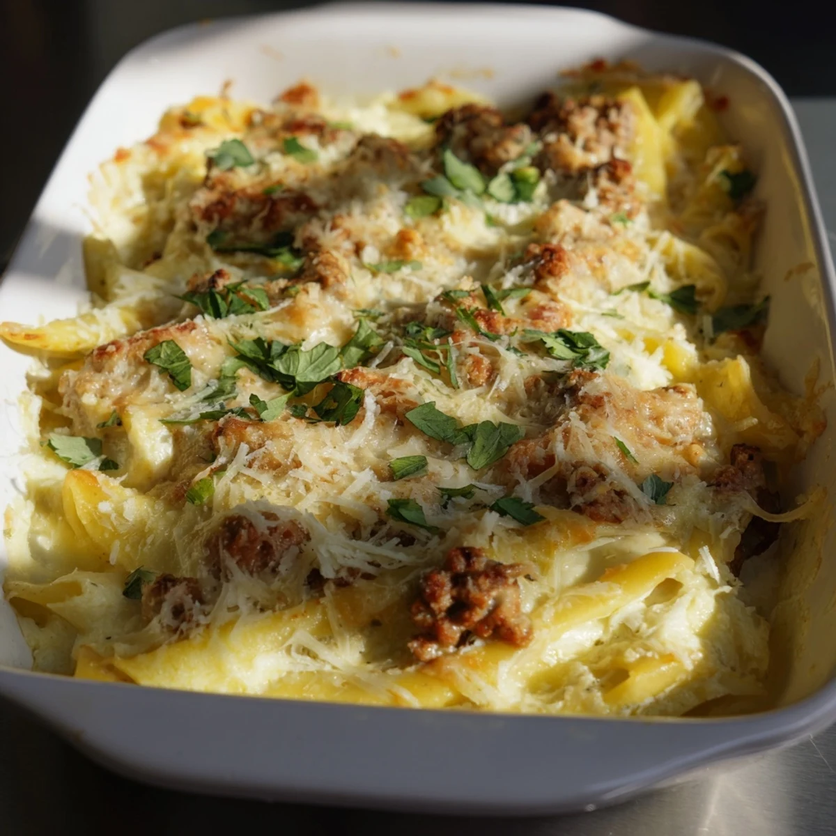 Golden-brown Tinis Baked Spaghetti, bubbling from the oven, offering a taste of creamy, cheesy comfort.