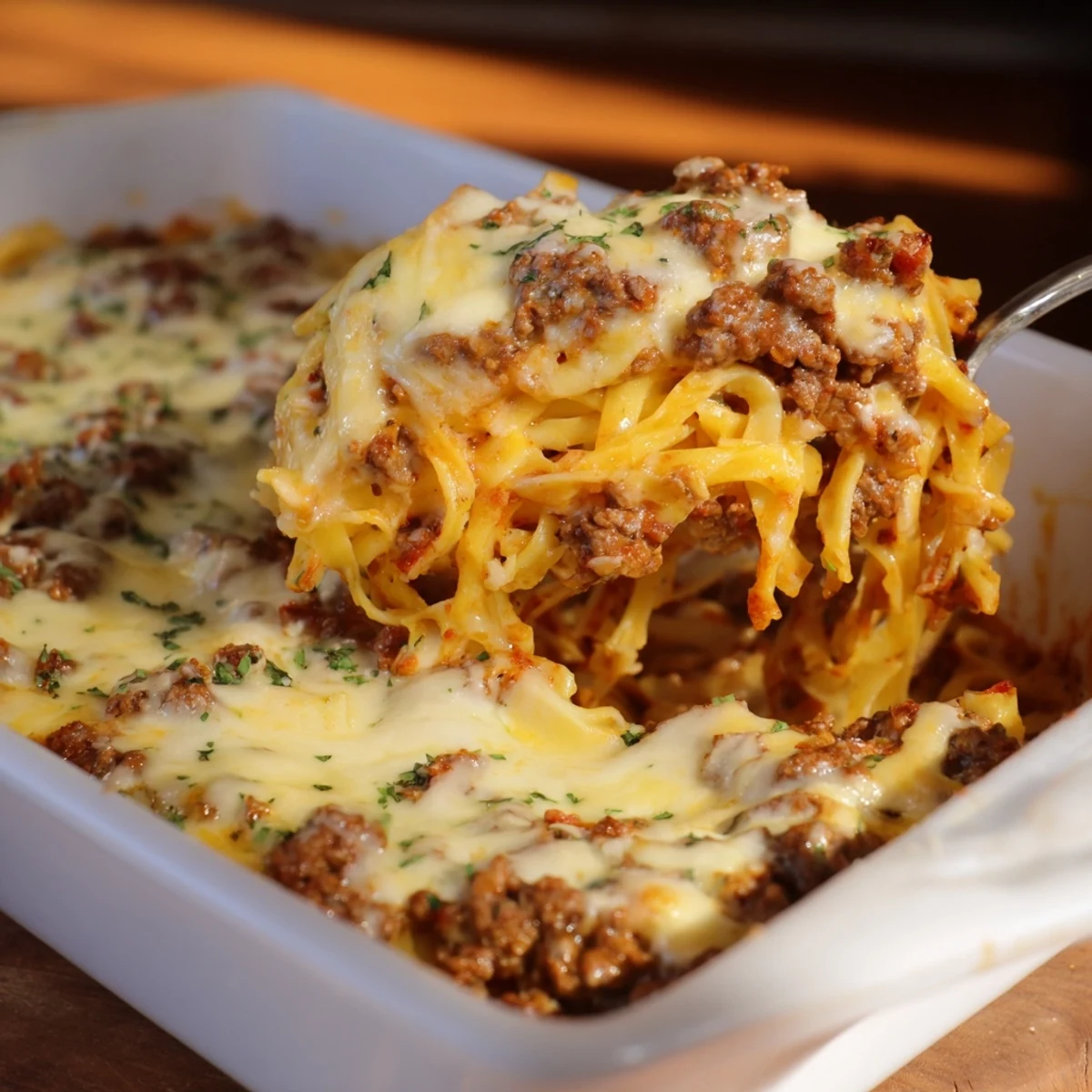 A generous serving of Tinis Baked Spaghetti with a perfectly browned cheese topping, ready to be enjoyed.