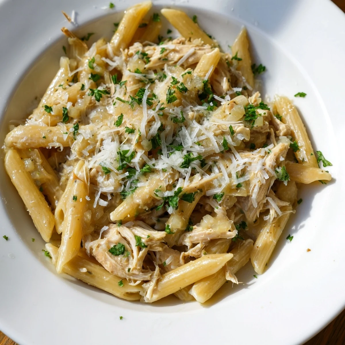 This photo shows steaming Tinis Creamy Chicken Pasta, ready to serve with fresh parsley and extra Parmesan.