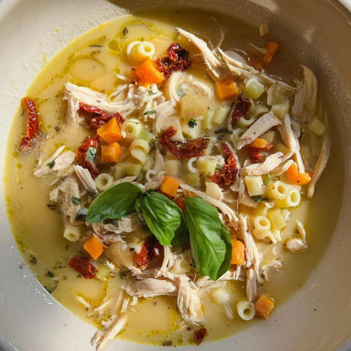 Steaming bowl of Marry Me Chicken Soup, showcasing tender chicken and sun-dried tomatoes in a creamy broth.
