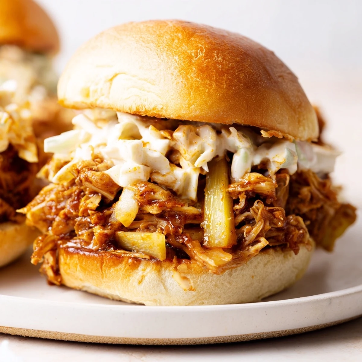 BBQ jackfruit sliders piled high with coleslaw, perfect for a plant-based cookout feast.