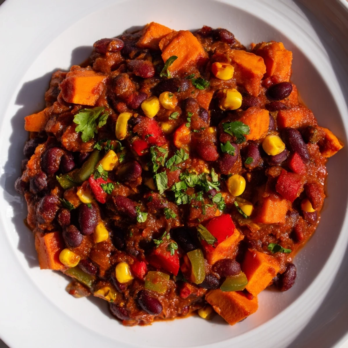 A steaming bowl of Smoky Sweet Potato Chili, filled with colorful vegetables and savory spices.