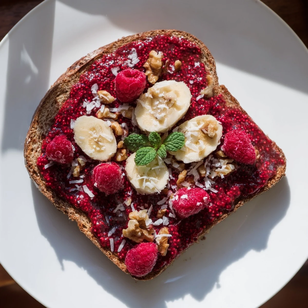 Vibrant raspberry chia jam toast with fresh raspberry topping, perfect for a quick and healthy breakfast.