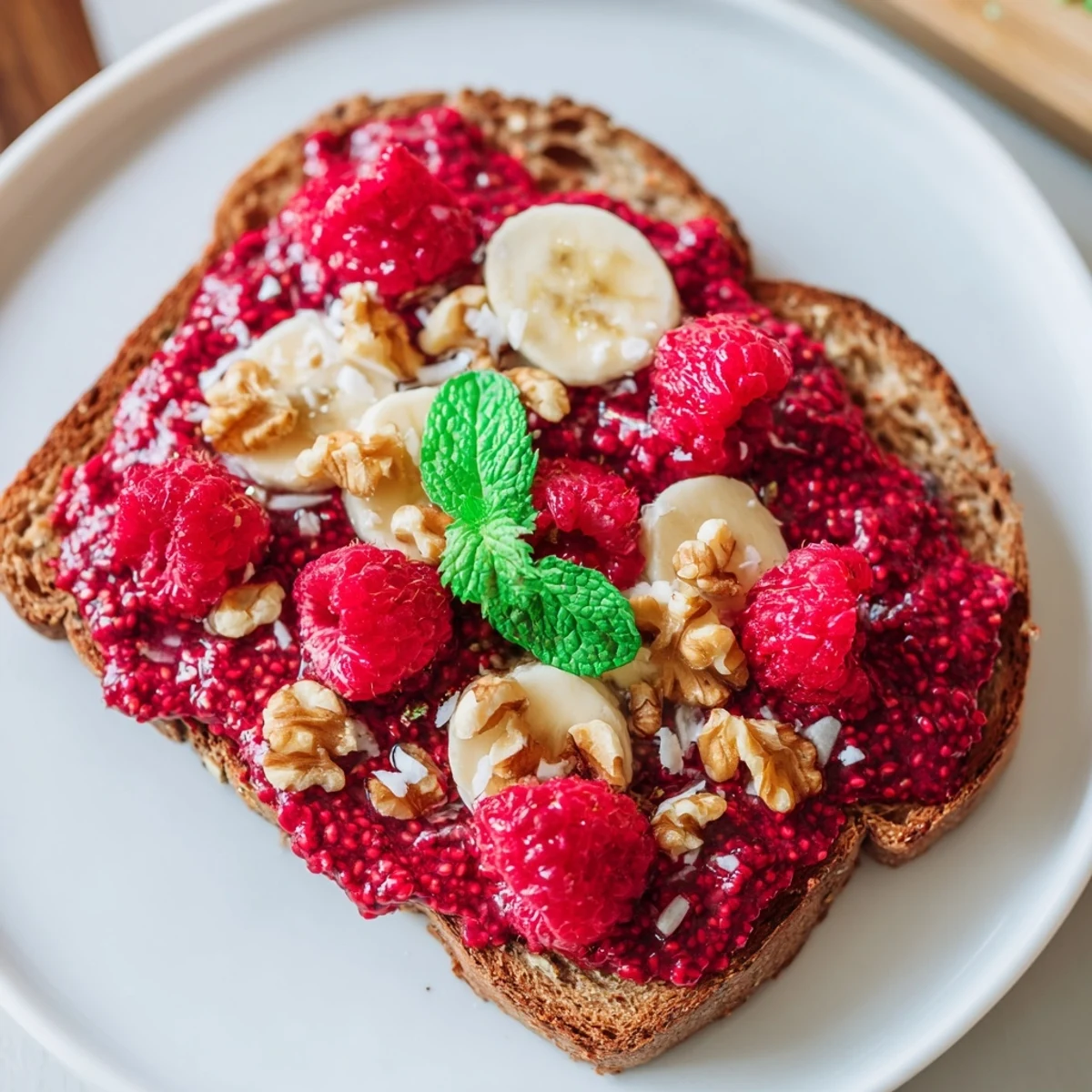 Golden toasted bread slathered with sweet and tangy raspberry chia jam, a delicious vegan snack.