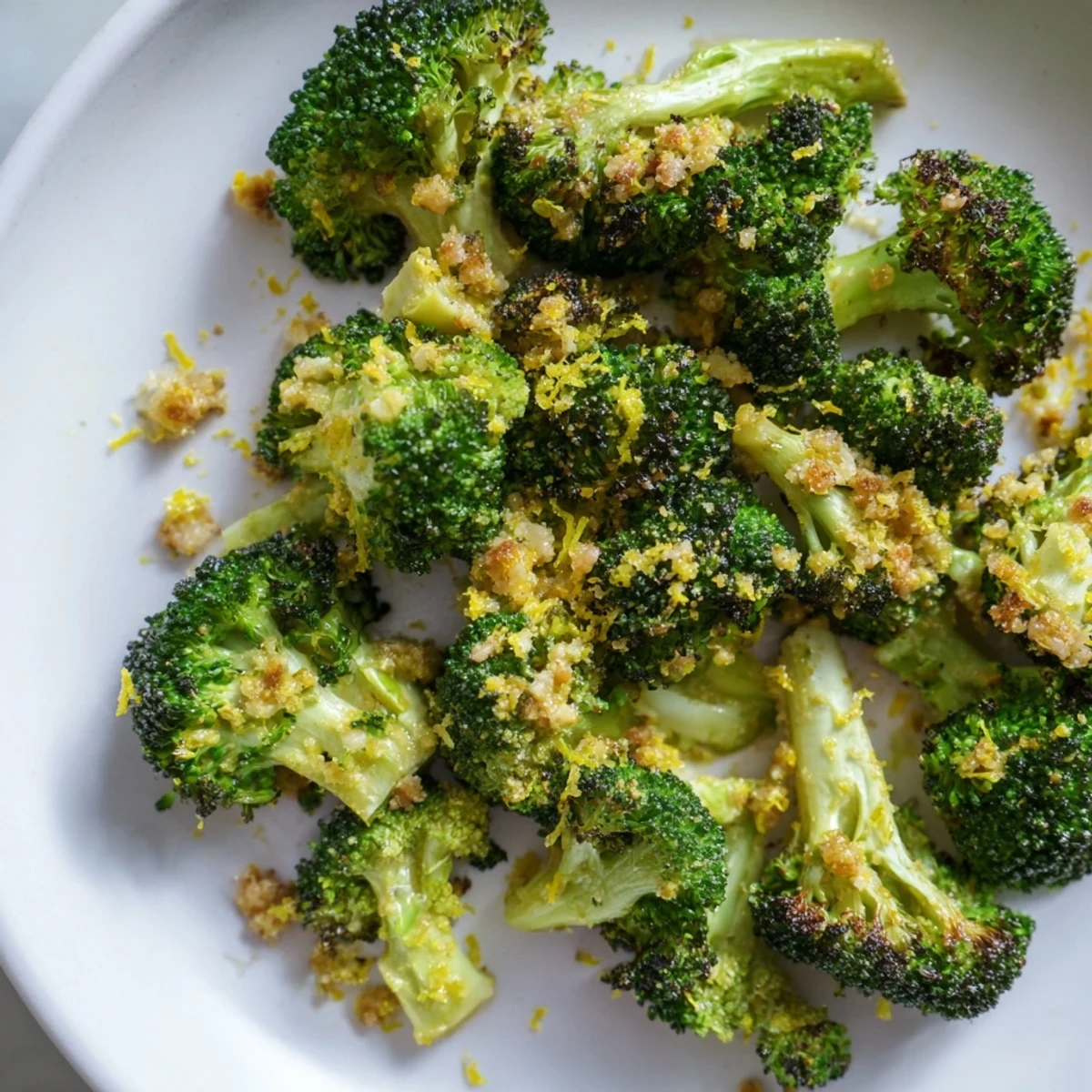 Freshly roasted Lemon Garlic Roasted Broccoli, with crispy edges and vibrant green florets, a delicious side.