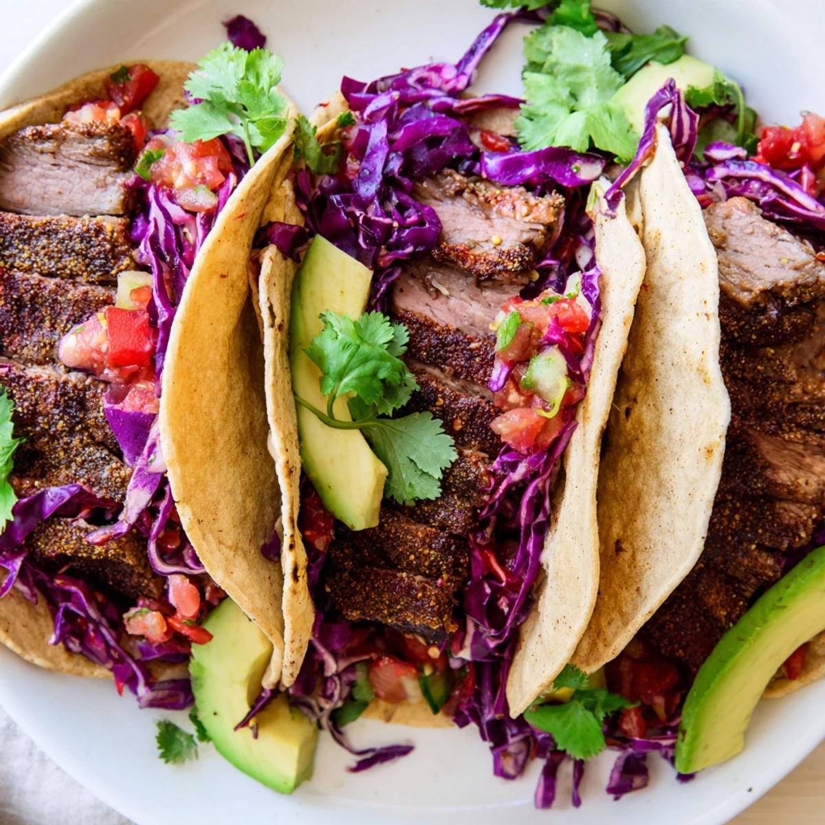 Close-up of savory Coffee-Rubbed Steak Tacos, showing perfectly grilled steak stacked high with toppings.
