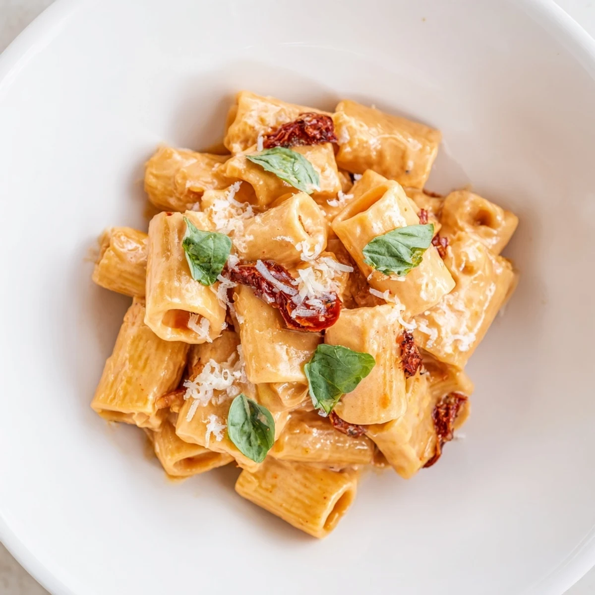 A close-up of creamy sun-dried tomato pasta, richly coated in vibrant, flavorful sauce.