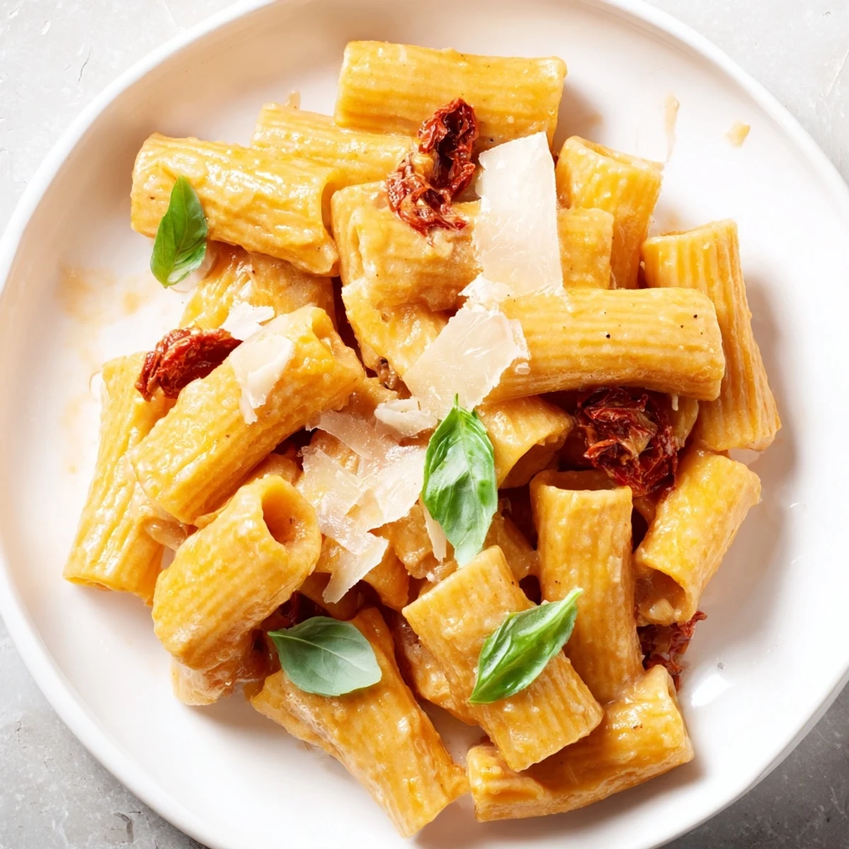 Fresh basil garnishes a plate of the simple, yet elegant creamy sun-dried tomato pasta.