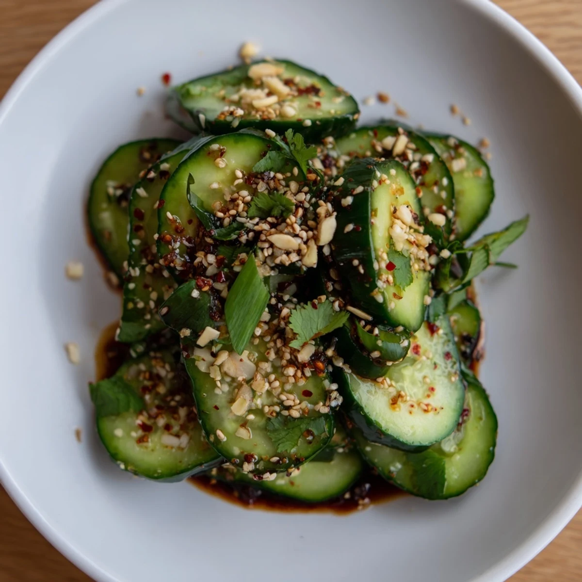 Vibrant Zesty Shake Cucumber Salad with crisp cucumber and a glossy, sesame-infused dressing.