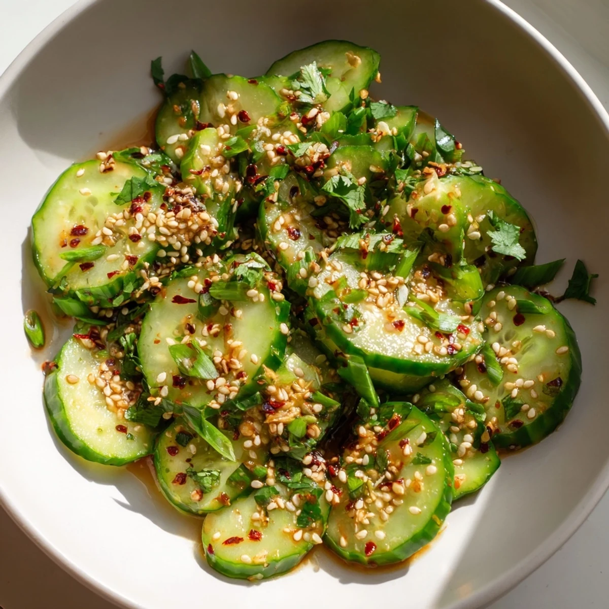 Freshly made, chilled Zesty Shake Cucumber Salad, a vegan summer side bursting with flavor and texture.