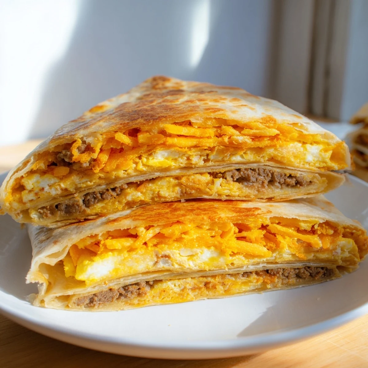 A perfectly folded Breakfast Crunchwrap Hack shows off its layers of hash browns and savory bacon inside.