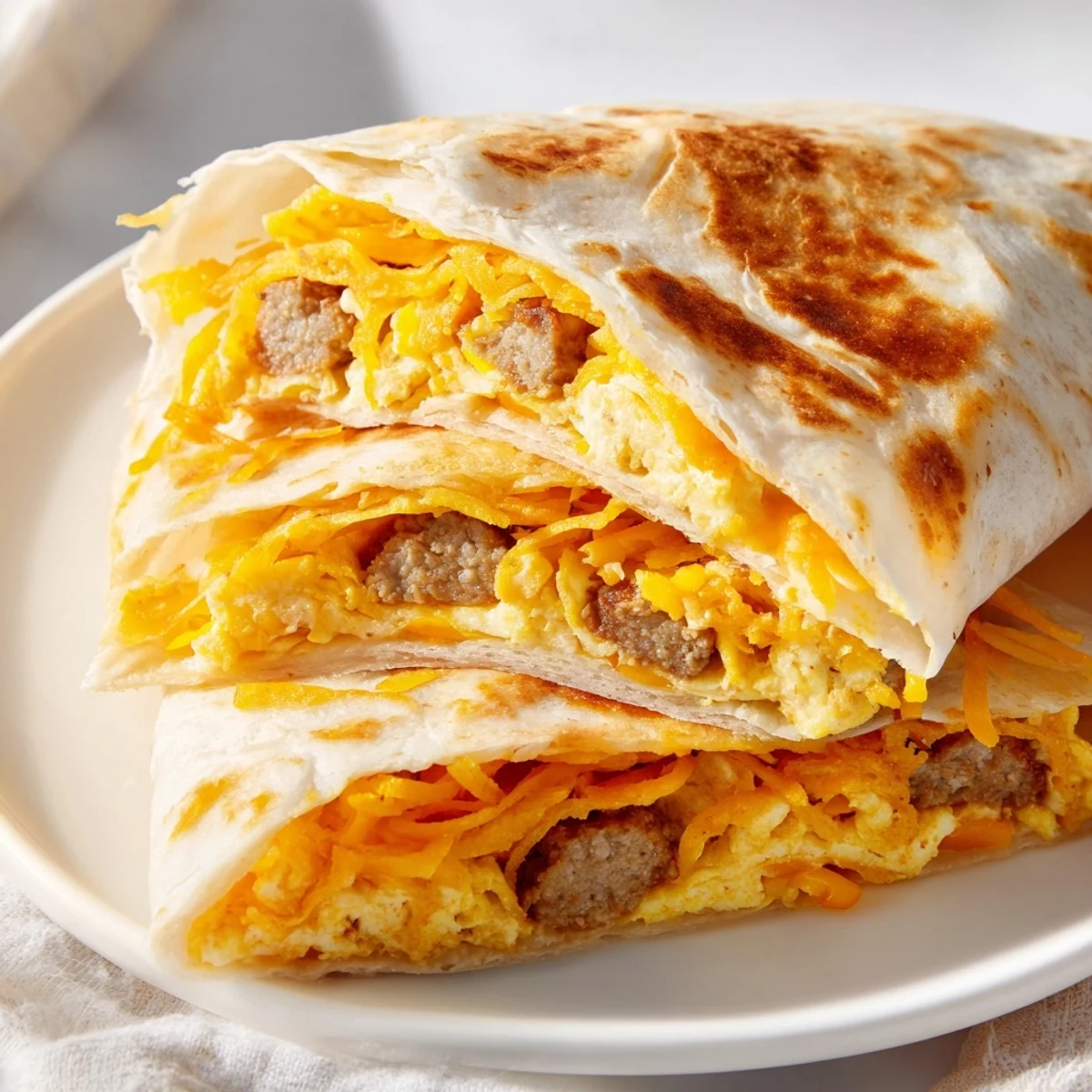 Golden, crispy Breakfast Crunchwrap Hack layers, featuring melted cheese and a fluffy scrambled egg filling.
