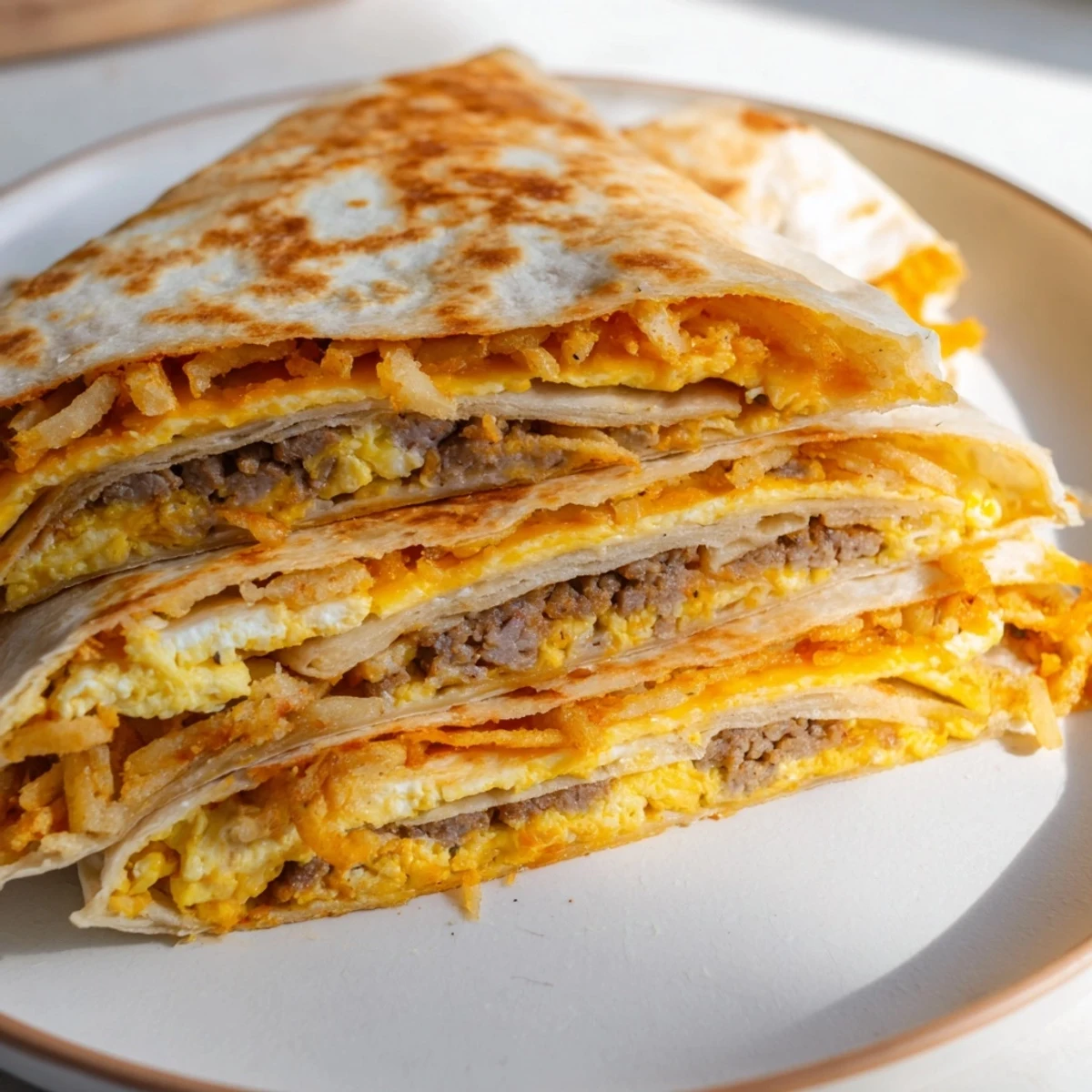 See the satisfying, crispy exterior of this homemade Breakfast Crunchwrap Hack, ready for a delicious breakfast.
