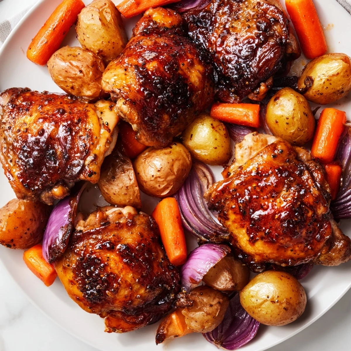 Sheet pan brimming with flavorful Maple Dijon Chicken Thighs, perfectly roasted and ready to eat.