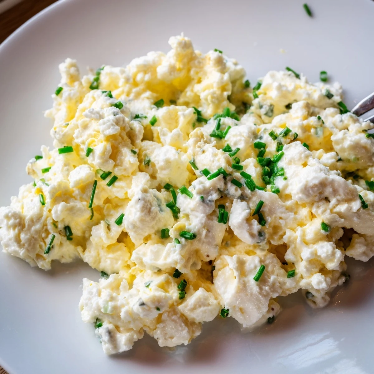 Creamy Cottage Cheese Scrambled Eggs, cooked to perfection, perfect for a protein-rich brunch.