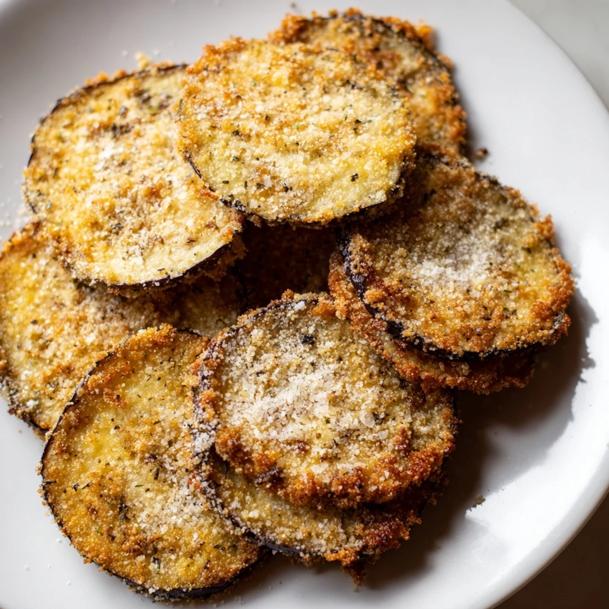 Crispy Eggplant Parmesan Chips fresh from the oven, offering a delightful crunch and Italian herb aromas.