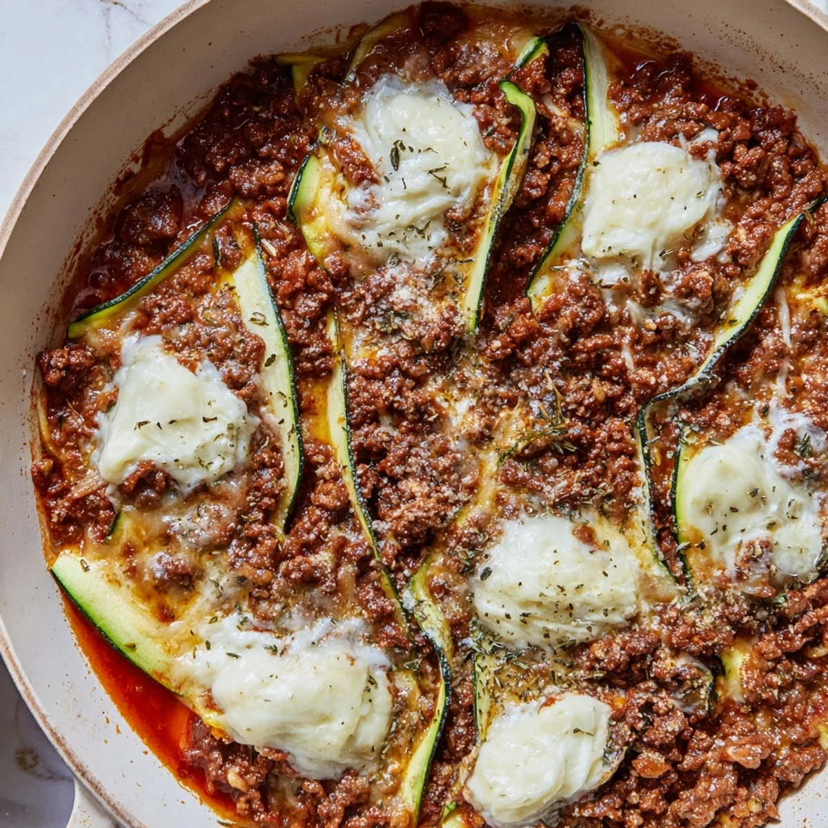 Zucchini Lasagna Skillet bubbling with melted mozzarella and Parmesan cheese, ready to serve.
