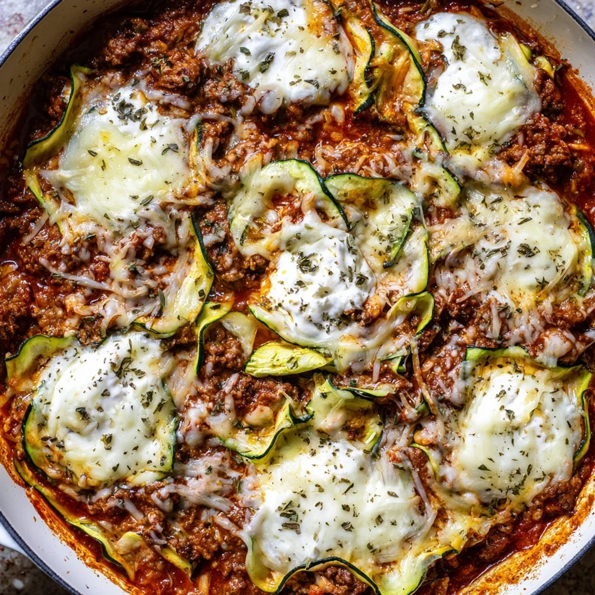 A hearty, one-pan Zucchini Lasagna Skillet with layers of tender zucchini and a rich tomato sauce.