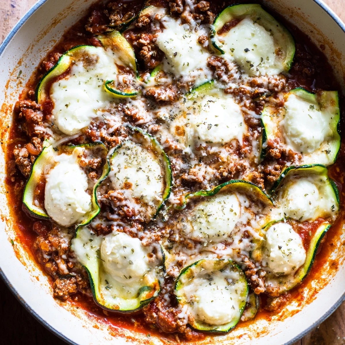 Close-up of a flavorful Zucchini Lasagna Skillet featuring creamy ricotta, fresh zucchini, and ground beef.