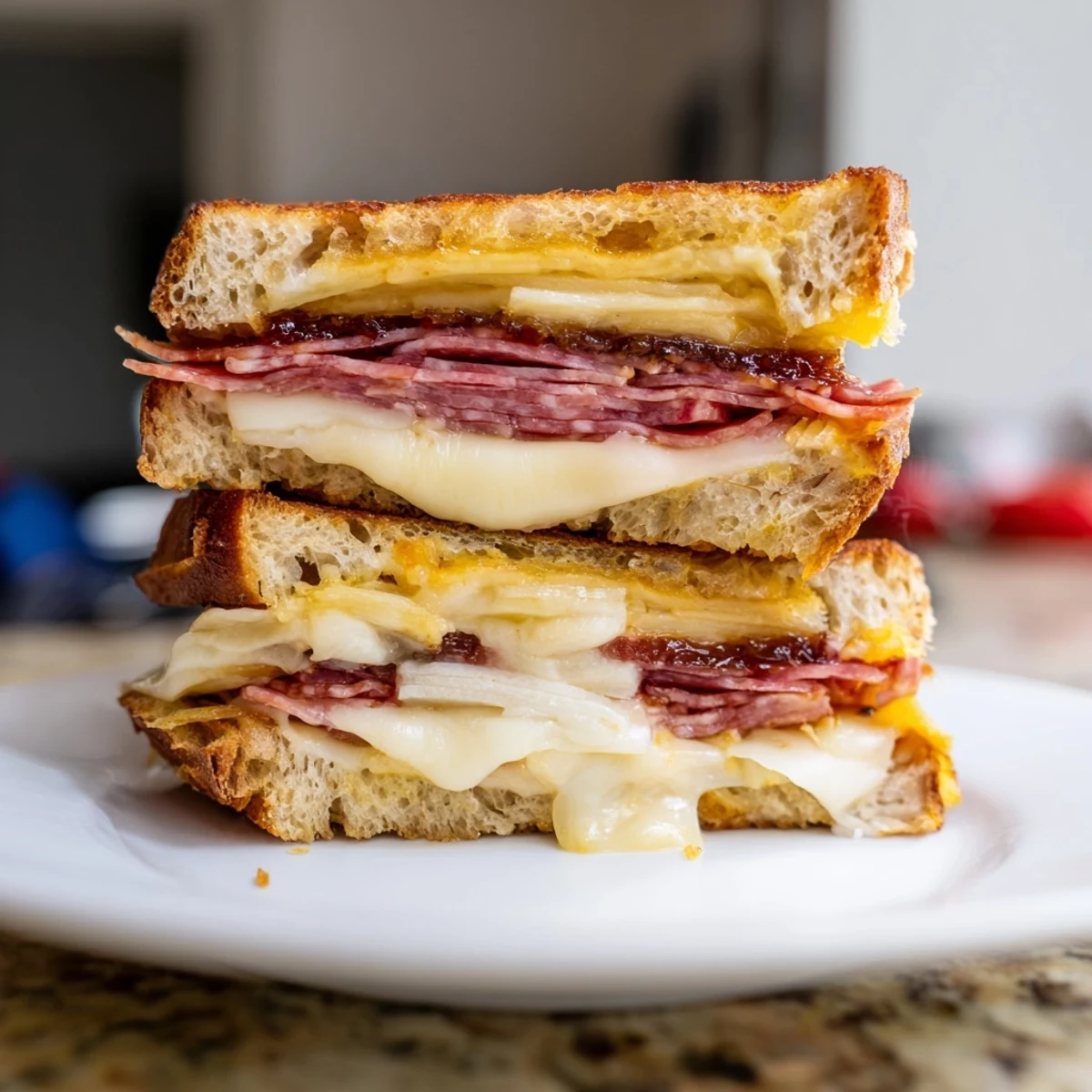 Warm, toasted Charcuterie Grilled Cheese alongside a serving suggestion of wine, ready to enjoy.
