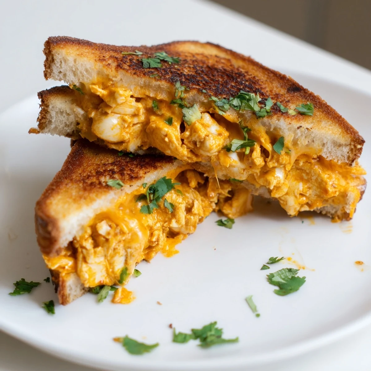 Golden melted cheese oozes from this savory butter chicken grilled cheese, ready to be devoured.