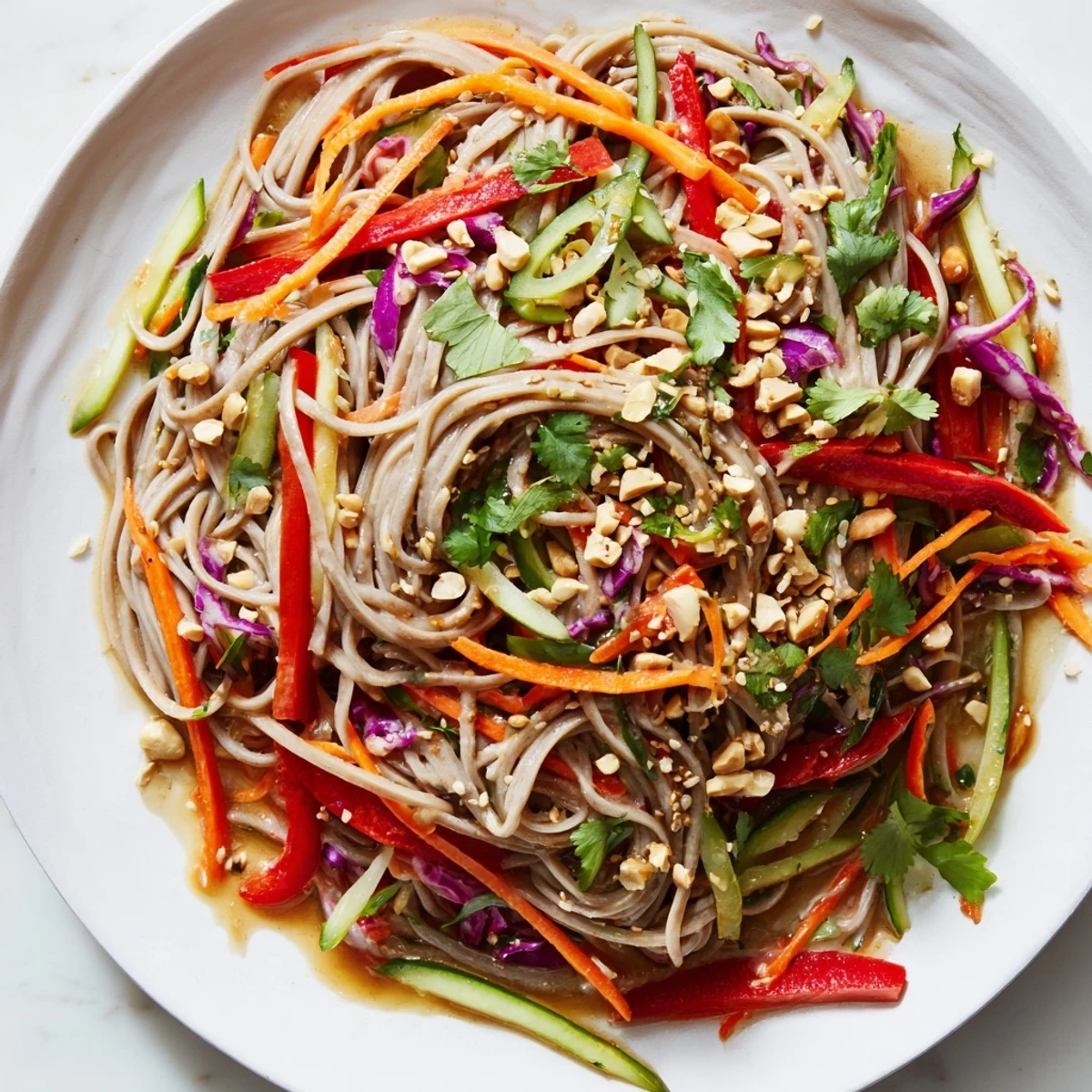Colorful cold noodle salad with sesame-ginger dressing, garnished with peanuts and seeds, ready to serve.