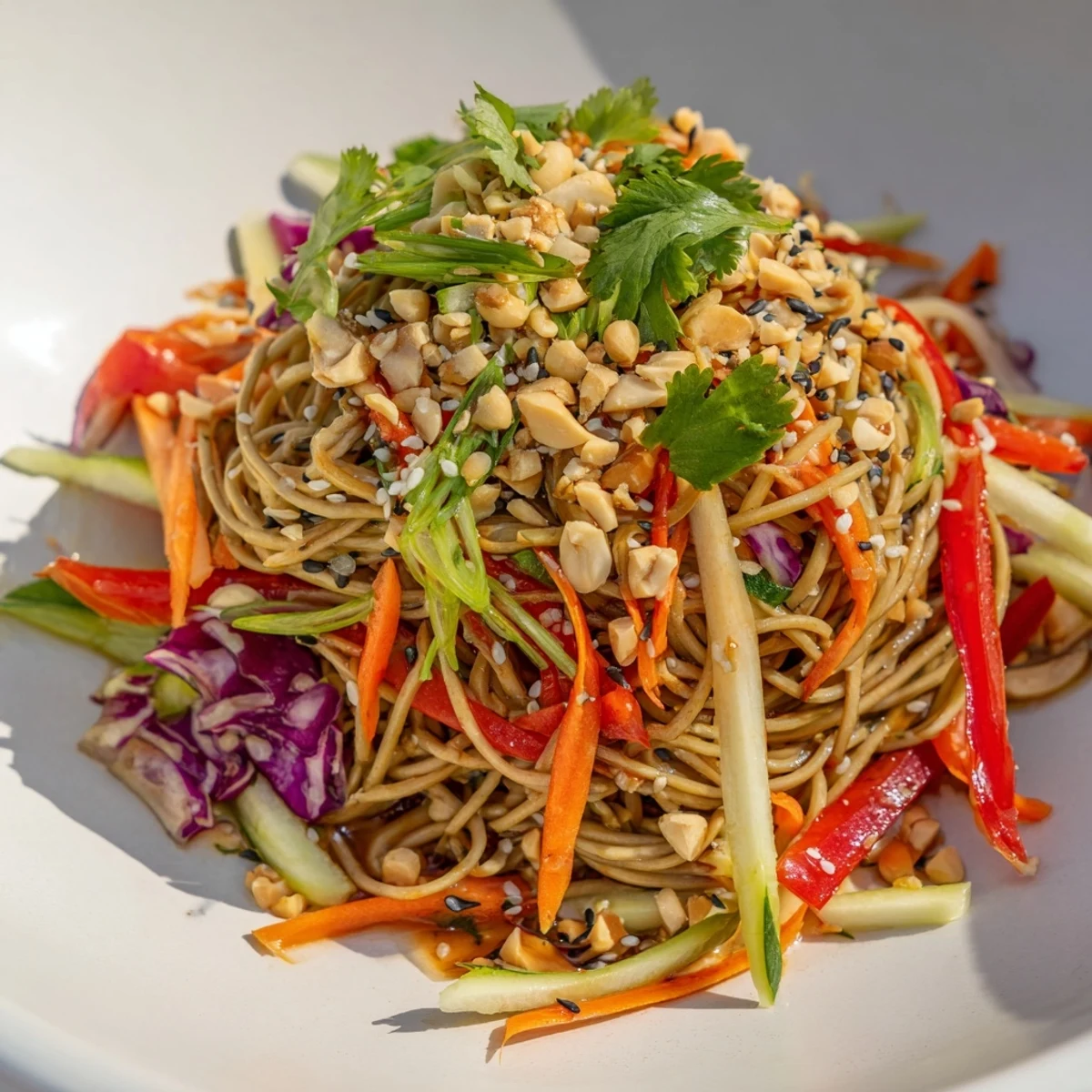 Chilled sesame-ginger cold noodle salad with vibrant vegetables; a refreshing Asian-inspired vegetarian dish.